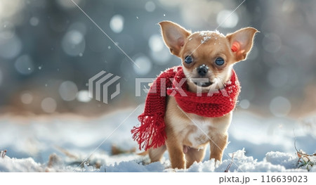 Adorable Chihuahua Wearing Red Scarf in Winter Snow 116639023
