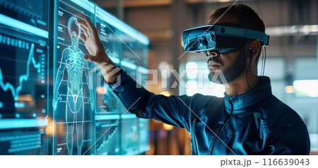 Man Interacts With Virtual Reality Interface While Wearing Headset 116639043