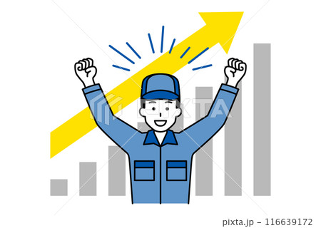 右肩上がりで成長するグラフと両手をあげて喜ぶつなぎ作業服の男性 116639172