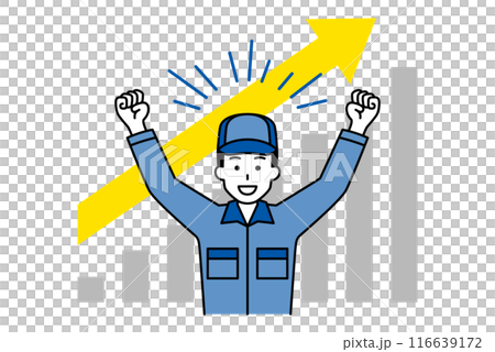 右肩上がりで成長するグラフと両手をあげて喜ぶつなぎ作業服の男性 116639172