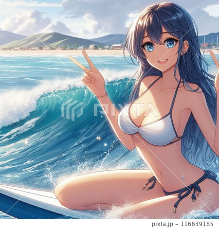 サーフボードを持って海に立つビキニの水着女性のイラスト素材