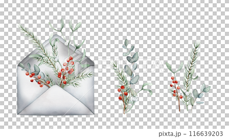 Watercolor set of open vintage envelope and Christmas tree branch isolated on a white background. Hand drawn watercolor illustrations red berry ilex or holy. New year message of envelope gray color. Watercolor set of open vintage envelope and Christmas tree branch isolated on a white background. Hand drawn watercolor illustrations red berry ilex or holy. New year message of envelope gray color. 116639203