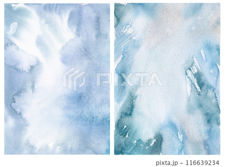 Watercolor abstract sky textures of green spots, turquoise and blue. Hand painted illustrations isolated on white background. For design, print, fabric or background. 116639234
