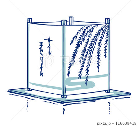 水面に浮く一基の流し灯籠　筆描き・2色塗り 116639419