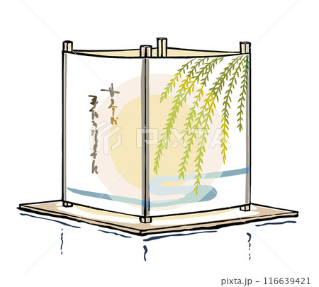 水面に浮く一基の流し灯籠　筆描き・マット塗り 116639421