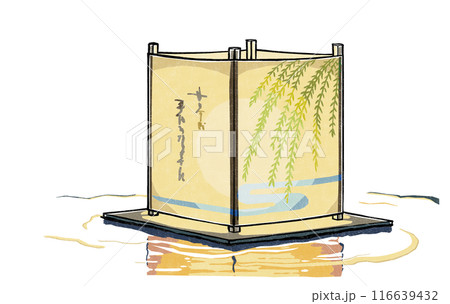 水面に光を映して漂う一基の流し灯籠 版画風 水面に光を映して漂う一基の流し灯籠 版画風 116639432