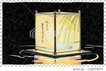 闇を背景に水面に光を映して漂う一基の流し灯籠　版画風 116639437