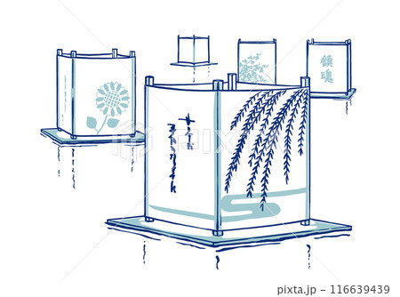 水面に浮く五基の流し灯籠　筆描き・2色塗り 116639439