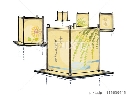 ボンヤリと光を灯した五基の流し灯籠　版画風 116639446