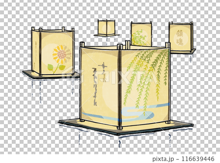 ボンヤリと光を灯した五基の流し灯籠　版画風 116639446