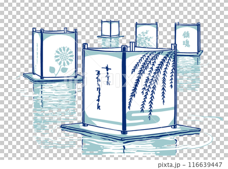 五盞漂浮的燈籠在水面上反射著光芒－用兩種顏色繪製 116639447