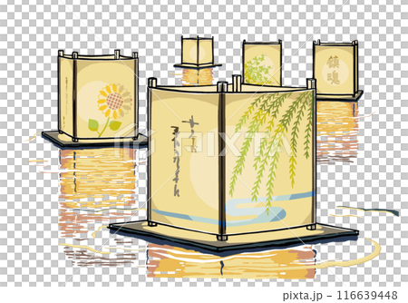 五盞漂浮的燈籠在水面上反射著光芒——用毛筆繪製並塗上啞光漆 116639448