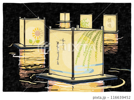 闇を背景に水面に光を映して漂う五基の流し灯籠　版画風 116639452