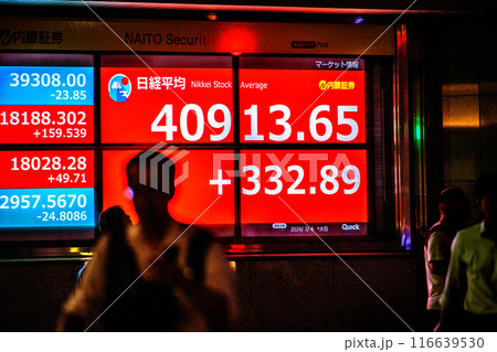 日本の東京都市景観 4万円突破の日経平均を更新4万913円65銭…株価ボード/終値＝4日、日本橋兜町 116639530