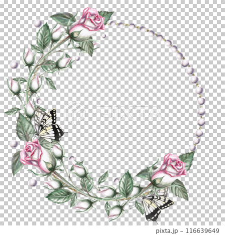 Round frame of rose buds and pearls in watercolor illustration. Hand drawn watercolor drawing for wedding invitations, congratulations, gifts, memorable dates. Composition isolated from background 116639649
