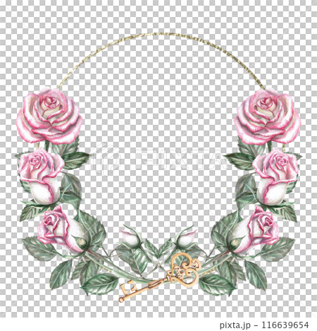 Round frame of roses and key in watercolor illustration. Hand drawn watercolor drawing for cards, wedding invitations, congratulations, gifts, memorable dates. Composition isolated from background Round frame of roses and key in watercolor illustration. Hand drawn watercolor drawing for cards, wedding invitations, congratulations, gifts, memorable dates. Composition isolated from background 116639654