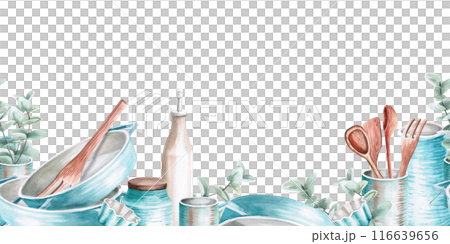 Seamless border of dishes in watercolor illustration. Hand drawn watercolor drawing for menus, cookbooks, gastronomic magazines, master classes, websites. Composition isolated from background. Seamless border of dishes in watercolor illustration. Hand drawn watercolor drawing for menus, cookbooks, gastronomic magazines, master classes, websites. Composition isolated from background. 116639656