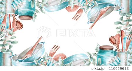 Rectangular frame made of dishes in watercolor illustration. Hand drawn watercolor drawing for menus, cookbooks, gastronomic magazines, master classes, web sites. Composition isolated from background Rectangular frame made of dishes in watercolor illustration. Hand drawn watercolor drawing for menus, cookbooks, gastronomic magazines, master classes, web sites. Composition isolated from background 116639658
