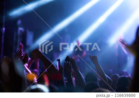 People taking photographs with smart phone during a music festival. Fans enjoying rock concert with light. People taking photographs with smart phone during a music festival. Fans enjoying rock concert with light. 116639800
