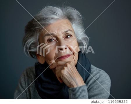 Portrait of an elderly woman on a gray background. AI-generated content 116639822