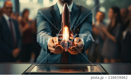 Businessman launching rocket from digital tablet, innovative business vision and startup concept, entrepreneurial spirit and ambition Businessman launching rocket from digital tablet, innovative business vision and startup concept, entrepreneurial spirit and ambition 116639862