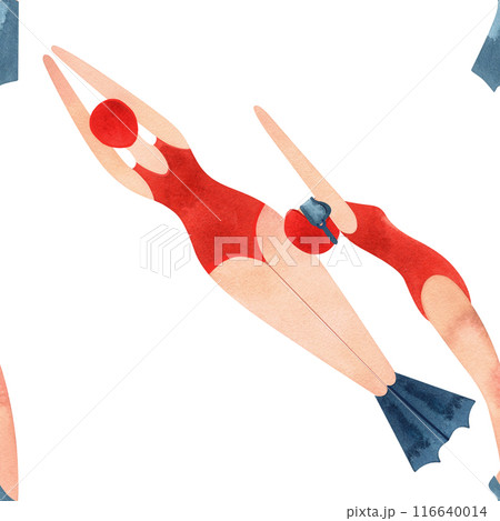 Seamless pattern with floating women in vintage style. Swimming. Watercolor illustration on white background 116640014