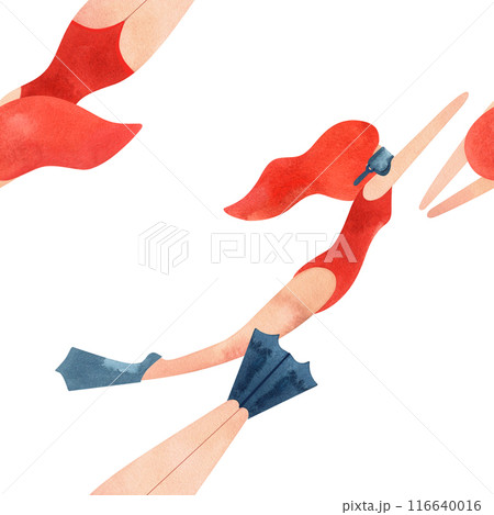 Seamless pattern with floating women in vintage style. Swimming. Watercolor illustration on white background 116640016