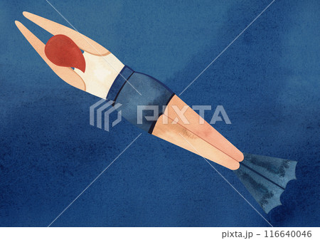 A man swims underwater. Watercolor illustration. Template for a postcard or poster in A3 size for the design of a swimming pool, resort, sporting event. 116640046