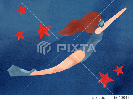A woman swims underwater in fins and a mask. Watercolor illustration. Template for a postcard or poster in A3 format for the design of a swimming pool, resort, sports competition. 116640048