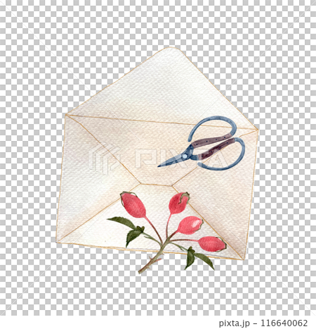 Rose-hip sprig and envelope, scissors composition watercolor isolated on white. Hand painted high quality art in great for romantic designs stickers, notebooks decor, packages, herbal production Rose-hip sprig and envelope, scissors composition watercolor isolated on white. Hand painted high quality art in great for romantic designs stickers, notebooks decor, packages, herbal production 116640062