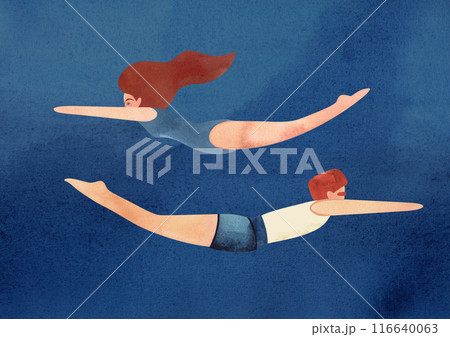 A man and woman swim underwater. Watercolor illustration. Template for a postcard or poster in A3 size for the design of a swimming pool, resort, sporting event. A man and woman swim underwater. Watercolor illustration. Template for a postcard or poster in A3 size for the design of a swimming pool, resort, sporting event. 116640063