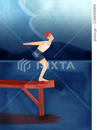 A man jumps from a bridge into the water of a river, sea or lake against the backdrop of a calm mountain landscape with a high sky and clouds. Watercolor illustration. Template for a postcard or A man jumps from a bridge into the water of a river, sea or lake against the backdrop of a calm mountain landscape with a high sky and clouds. Watercolor illustration. Template for a postcard or 116640069
