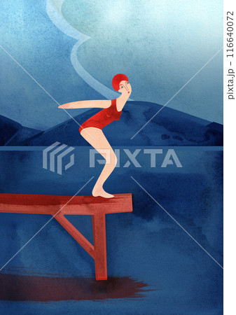 A woman jumps from a bridge into the water of a river, sea or lake against the backdrop of a calm mountain landscape with a high sky and clouds. Watercolor illustration. Template for a postcard or 116640072