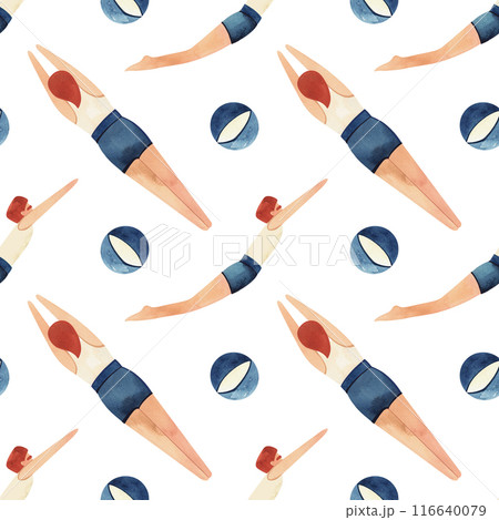 An athlete - a man in a white T-shirt and blue swimming trunks swims surrounded by inflatable striped beach balls. Vintage style. Seamless watercolor pattern, hand drawn. White background. 116640079