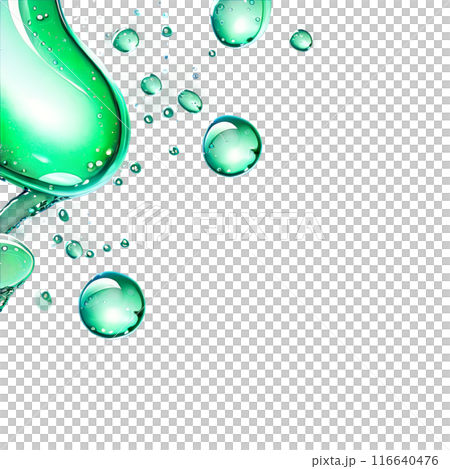 Abstract drop water paint strokes and ink drops in aqua watercolor on transparent background. 116640476