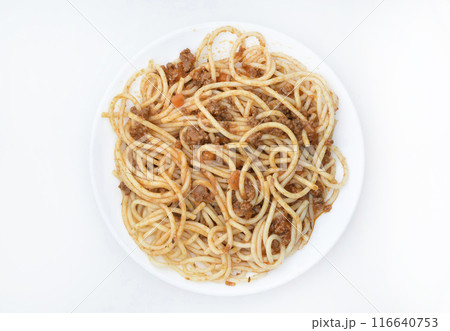 Italian pasta with meat on a white plate. Noodles with meat. 116640753