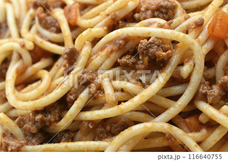 Italian pasta with meat in close-up. Noodles with meat. 116640755