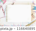 Template. Top view of notebook on background with charts and pencils. Trademark word. Business Concept. Bright picture 116640895