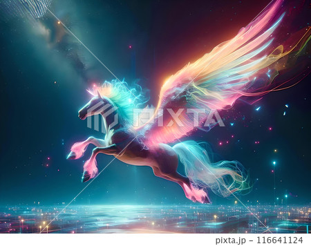 デジタル空間に舞い降りたカラフルなペガサスのイラスト 116641124