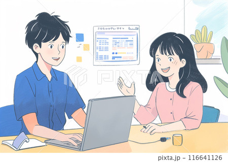 身振りを交え話すビジネスウーマン_イラスト1 116641126