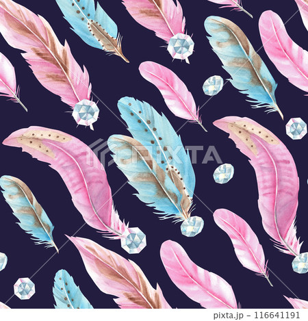 Watercolor Seamless Pattern with pink and blue Feathers and Jewelry Crystals or Beads on a dark blue background. Hand drawn watercolor illustration. Can be used for fabric, textile and packaging Watercolor Seamless Pattern with pink and blue Feathers and Jewelry Crystals or Beads on a dark blue background. Hand drawn watercolor illustration. Can be used for fabric, textile and packaging 116641191