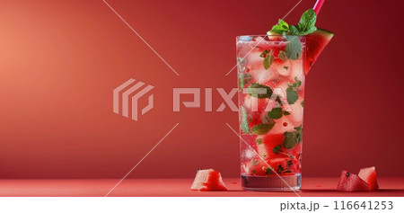 Refreshing Red Drink With Mint And Ice On Red Background 116641253