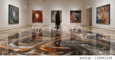 Woman Viewing Abstract Art in Modern Gallery 116641256