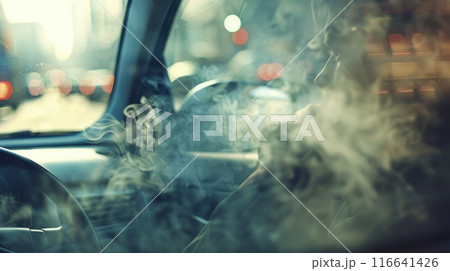 Car's Overheated Radiator with Steam and Frantic Phone-Checking Figure in Background 116641426