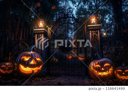 Generative Ai illustration. Halloween horror concept. Halloween pumpkins that glow in the dark 116641499