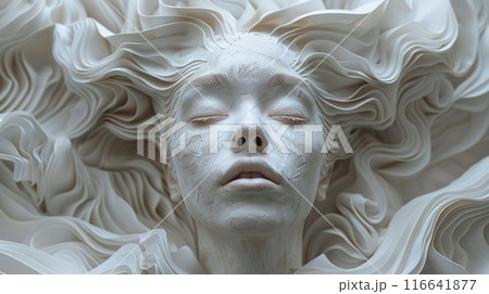 White sculpture of woman's face, white background with geometric shapes. Created with Generative AI 116641877