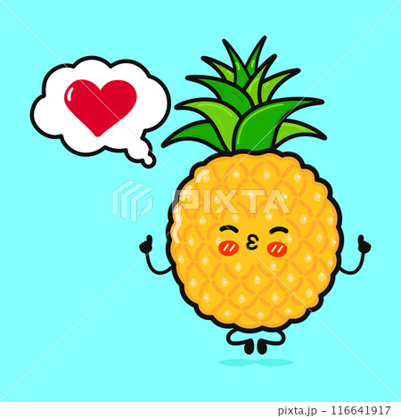 Pineapple doing yoga with speech bubble. Vector hand drawn cartoon kawaii character illustration icon. Isolated on blue background. Pineapple in love character concept 116641917