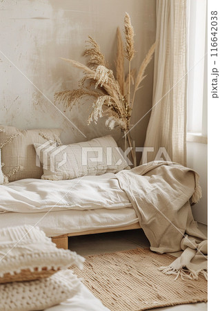 Boho living room, minimalist aesthetic with natural elements and textures, ideal for home decor magazines, interior design portfolios, lifestyle blogs. Peaceful stylish living space. Generative AI. Boho living room, minimalist aesthetic with natural elements and textures, ideal for home decor magazines, interior design portfolios, lifestyle blogs. Peaceful stylish living space. Generative AI. 116642038