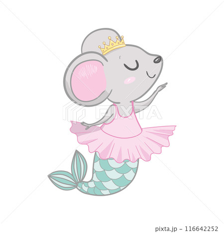Cute gray mouse. Mermaid mouse. Vector illustration in cartoon flat style. White background. Year of the mouse. 116642252