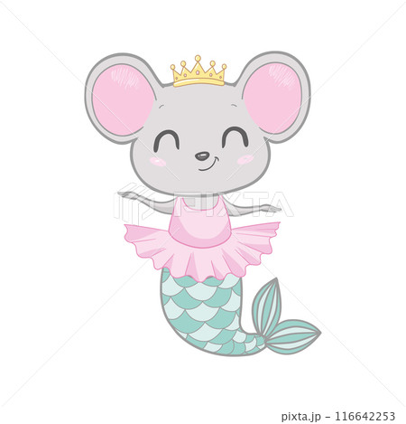 Cute gray mouse. Mermaid mouse. Vector illustration in cartoon flat style. White background. Year of the mouse. 116642253